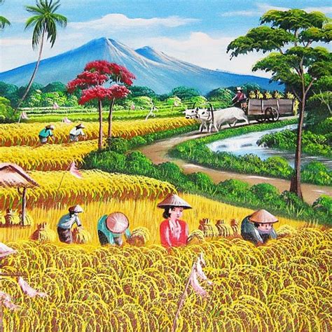 Detail Gambar Sawah Padi Lukisan Koleksi Nomer