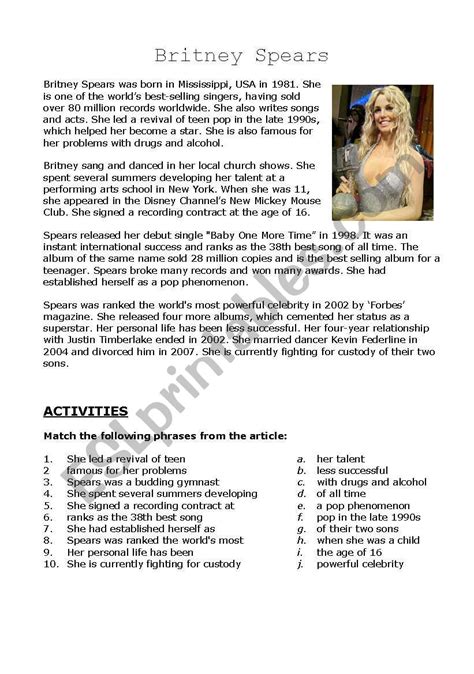 Britney Spears Esl Worksheet By Antoarg