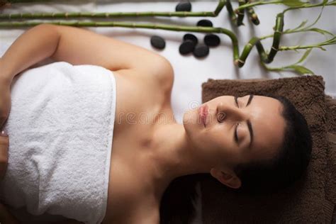 Portrait Of Fresh And Beautiful Brunette Woman Taking Head Massage Stock Image Image Of