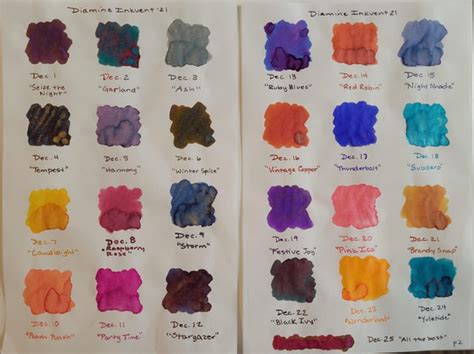 All 25 swatches for Diamine Inkvent 2021. My favorites are the 5th, 9th ...