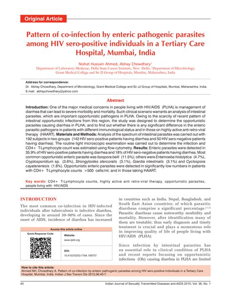 PDF Pattern Of Co Infection By Enteric Pathogenic Parasites Among HIV