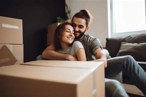 Pareja joven mudándose a una casa nueva están sentados en el suelo y