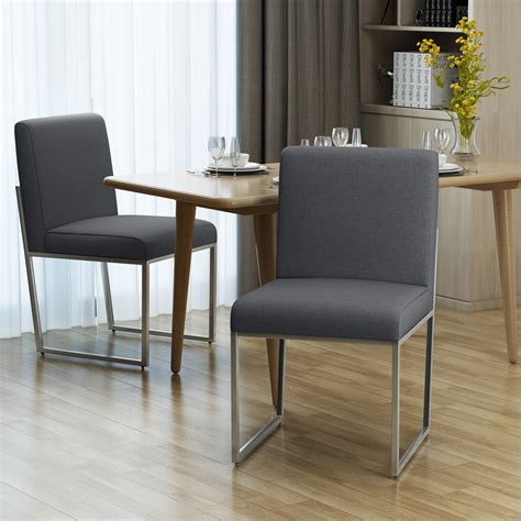 Noble House Santino Modern Fabric Dining Chair With Iron Legs Set Of 2 Charcoal Chrome