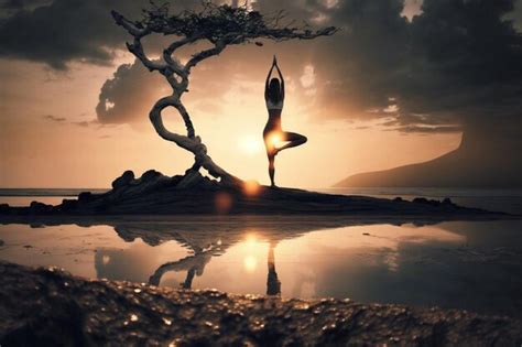 Una mujer haciendo yoga en una playa con un árbol al fondo Foto Premium