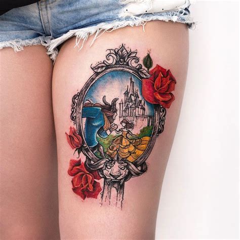 Beauty And The Beast Mirror Tattoos Leg Tattoos Thigh Tattoo