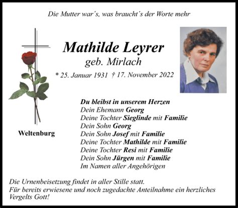 Traueranzeigen Von Mathilde Leyrer Mittelbayerische Trauer