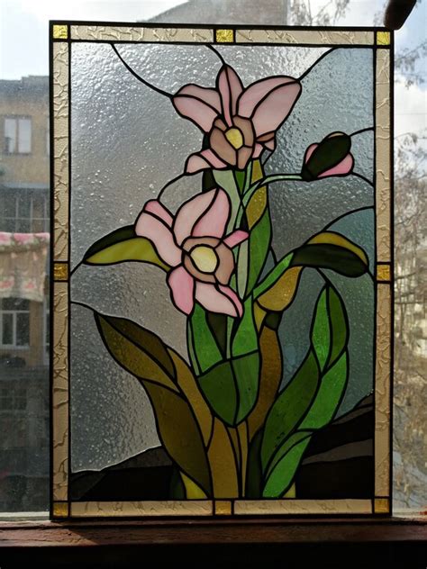 Art Collectibles Orchid Cattleya Flower Stained Glass Panel