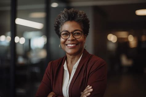 Premium Photo Mature Smart Africanamerican Businesswoman Smiling Face Standing In Blur