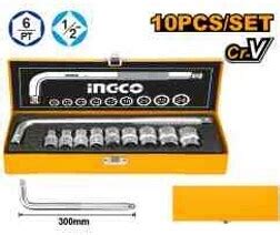 Ingco HKTS12101 10 Pcs 1 2 Socket Set In Sturdy Metal Box