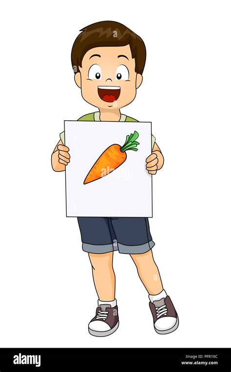 Illustration of a Kid Boy Holding a Big Flash Card Carrot with ...