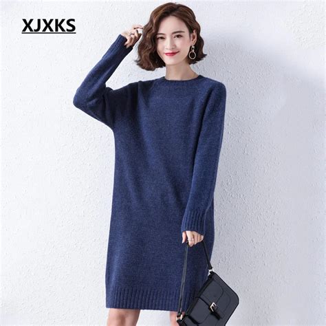 Xjxks 2022 Autumn Winter Latest Solid Color All Match Round Neck Women