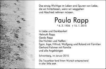 Traueranzeigen von Paula Rapp Schwarzwälder Bote Trauer