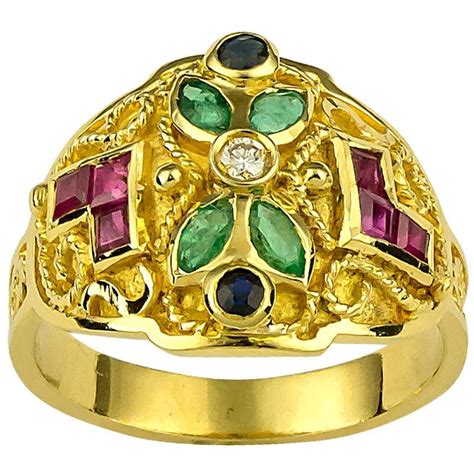 Georgios Collections 18 Karat Yellow Gold Wide Diamond Emerald Ruby