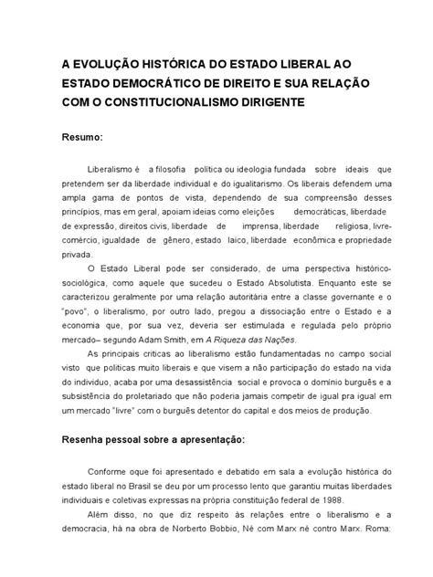 Com O Nascimento Em 1924 De Um Pensamento Liberal Democratico - A Evolução Histórica Do Estado Liberal Ao Estado Democrático de Direito ...