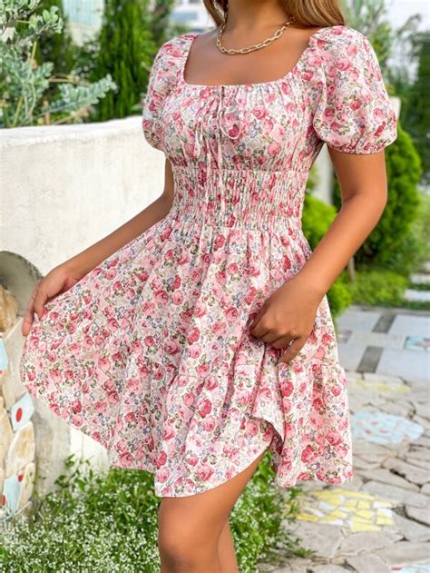 Shein Wywh Vestido Con Estampado Floral De Manga Farol Con Nudo