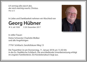 Traueranzeigen Von Georg H Bner Schwarzw Lder Bote Trauer