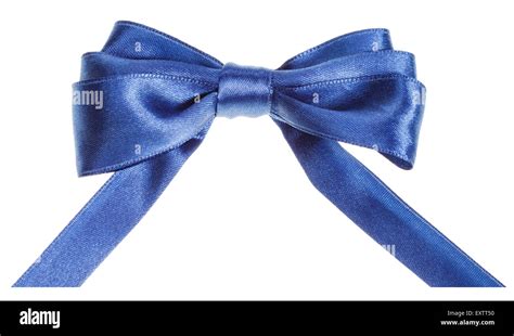 Real Blue Satin Ribbon Bow With Horizontal Cut Ends Isolated On White