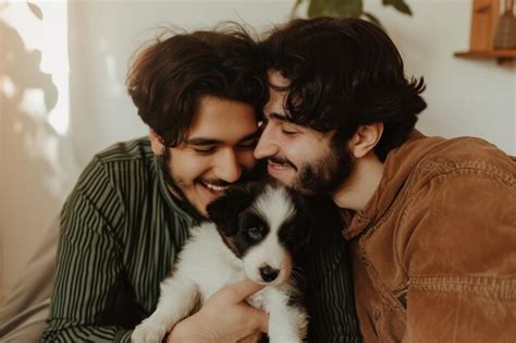 Middle Eastern Gay Couple Kiss Their Puppy Portrait Smiling Mammal Premium Ai Generated Image