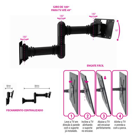 Suporte Para Tv 19 A 56 Multivisão Stpa50 PR Articulado 180º