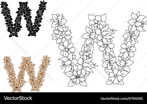 Floral letter w with blooming flowers Royalty Free Vector