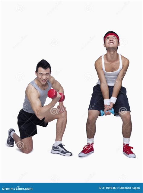 Athletic Man and Workout Beginner Struggling, Opposite, Studio Shot