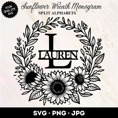 Sunflower Wreath Monogram Svg Files Spilt Letter Png Set Wreath