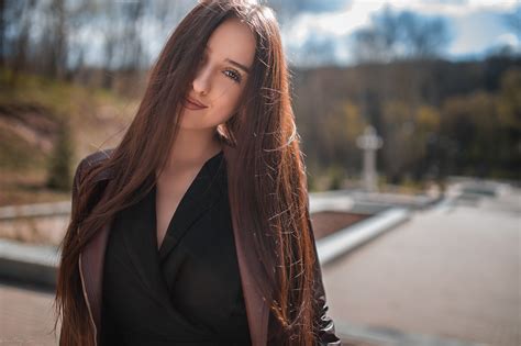 Face Smiling Depth Of Field Brunette Jacket Long Hair Portrait