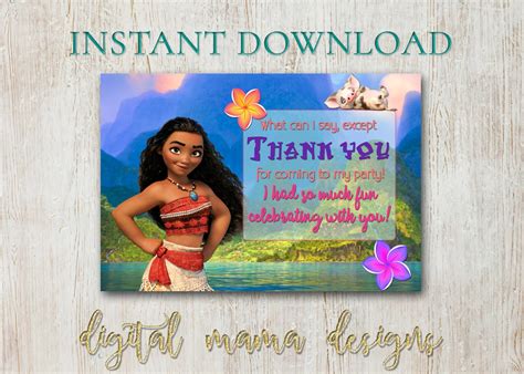 Instant Download Moana Thank You Card Moana Birthday Etsy