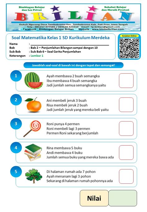 Soal Cerita Penjumlahan Kelas 1 Sd Bilangan Kurang Dari 10 Kurikulum Merdeka Terbaru Tahun Ini