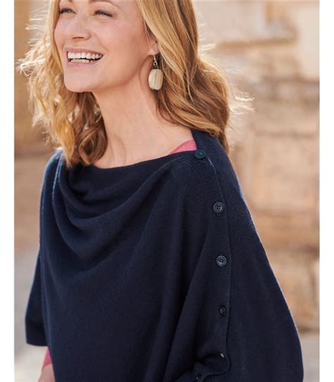 Navy Cashmere Merino Blend Button Poncho Woolovers Us