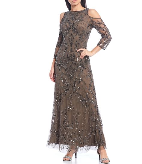 Pisarro Nights Beaded Sequin Crew Neck Cold Shoulder 3 4 Sleeve Gown