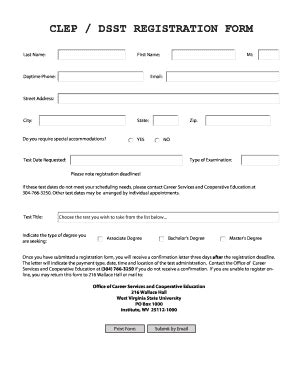 Fillable Online Wvstateu Clep Dsst Registration Form West Virginia