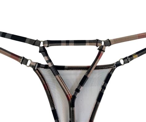 Tan Plaid Micro Thong Bikini String Swimwear Bottom Minimal Coverage
