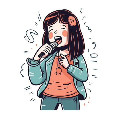 Chica Linda Cantando Karaoke Con El Micrófono Ilustración Vectorial