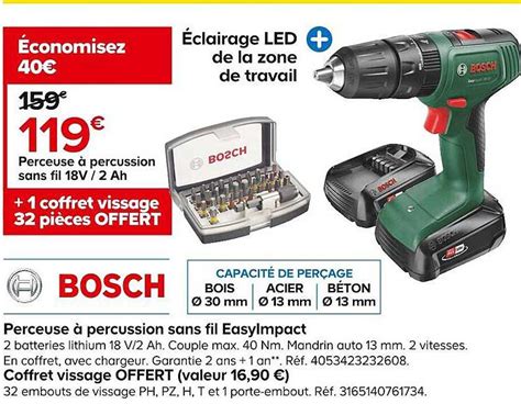 Promo Perceuse à Percussion Sans Fil Easyimpact Bosch Coffre Vissage