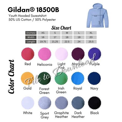 Gildan 18500b Color And Size Chart G185b Youth Hooded Etsy Australia