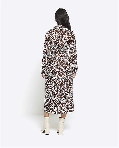 Brown Floral Belted Midi Shirt Dress River Island