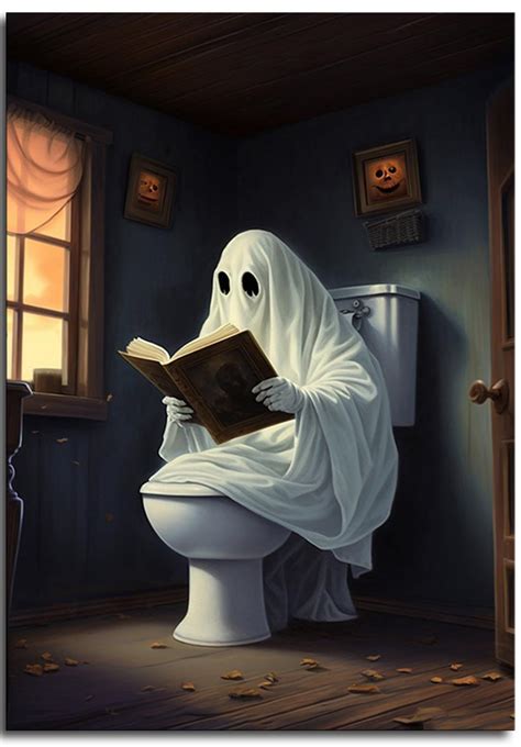 Weitol Cute Ghost Canvas Wall Art In The Toilet Art Funny Gothic