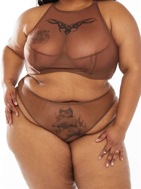 Tattooed Tricot High Leg Bikini In Brown Nude Savage X Fenty