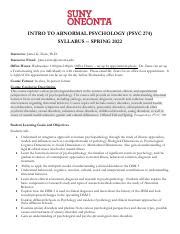 Abnormal Psych Syllabus Pdf INTRO TO ABNORMAL PSYCHOLOGY PSYC 274