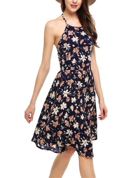 Zeagoo Women Summer Halter Neck Backless Chiffon Floral Print Casual