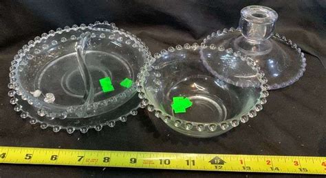 Vintage Imperial Depression Glass Candle Wick Bowl Underplate Divided Dish And Candlestick