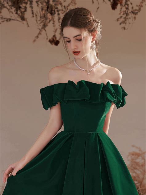 A Line Off Shoulder Velvet Green Long Prom Dress Green Formal Evening