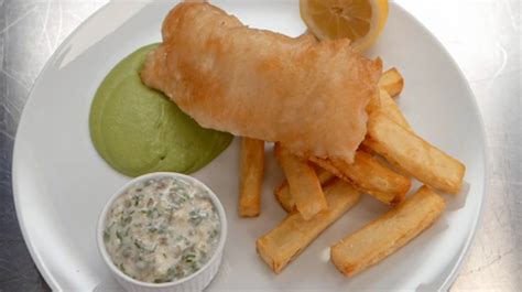 John Torode beer battered fish and chips with pea puree and tartare sauce on Celebrity ...