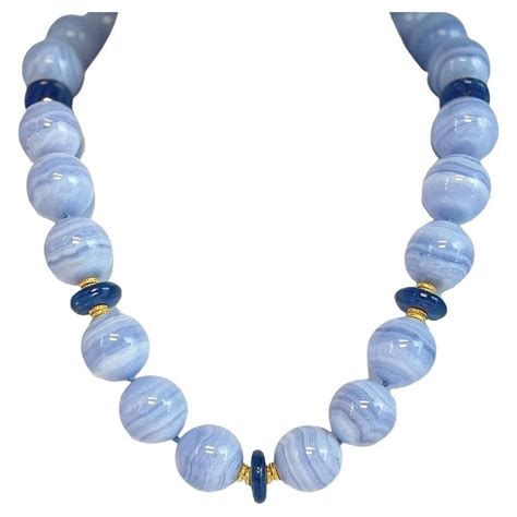 Mm Round Blue Lace Agate And Kyanite Bead Necklace With Yellow Gold