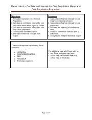 Excel Lab 4 Confidence Intervals For One Population Mean And Course