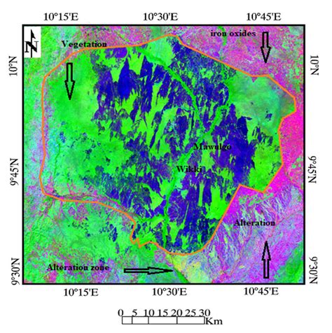 Landsat 8 band ratio 7/4, 6/3, 5/7 image for Yankari scene and environs ...