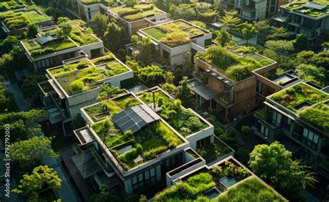 City Incorporating Green Roofs And Solar Panels Illustrating Urban