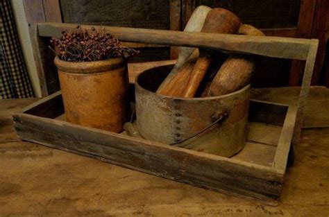 Early Antique Primitive Old Dry Wooden Carrier Tray Box With Handle Primitive Decorating