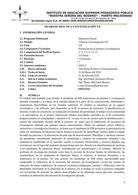 Sílabo Práctica e Investigación VII INSTITUTO DE EDUCACIÓN SUPERIOR